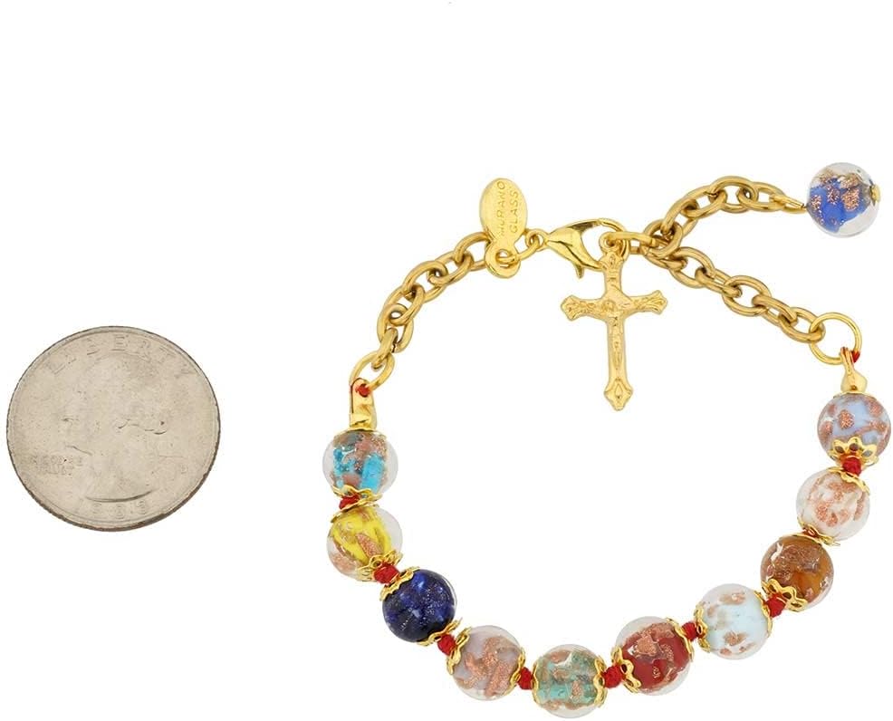 Glass Of Venice Murano Glass Rosary Bracelet Italian Sommerso Beads Multicolor - Beaded Cross Bracelet Catholic Rosary Beads Handmade Blown Glass - Religious Gift Bracelet for Women and Men