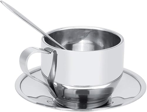 Miniatura 8 de Juego de tazas de café, 4.1 fl oz de acero inoxidable de doble pared aislada, taza de café expreso con platillo y cuchara para café con leche y té