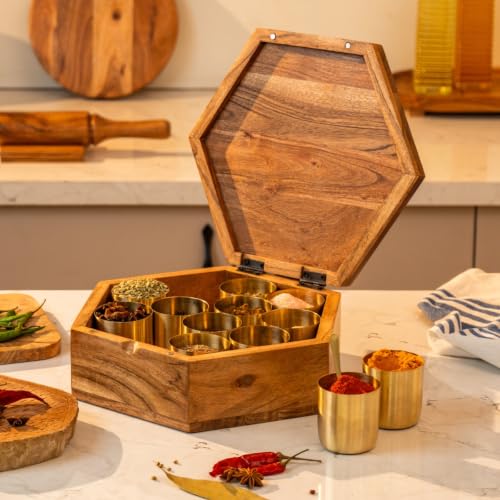 Image of Rasika Acacia Wood & Brass Masala Box with 12 Brass Containers | 150ml Brass Spice Bowls | Handcrafted Wooden Masala Box Organizer | Kitchen Spice Storage Box | 10.5 x 11.5 x 3.75 Inches