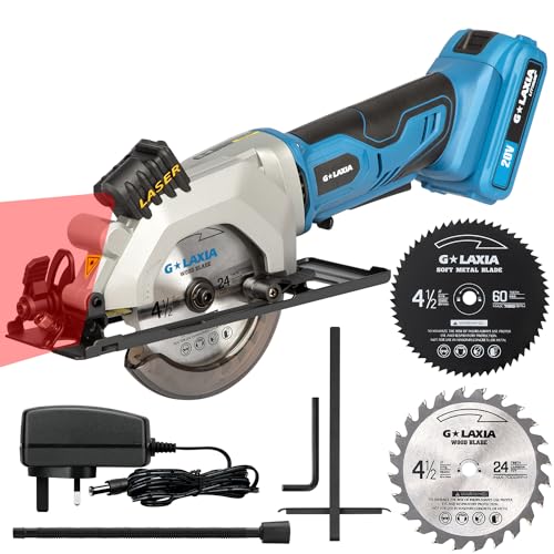 20V Cordless Circular Saw G LAXIA Mini Circular Saw 3400RPM Compact Electric Lightweight Saw with Speed Trigger Maximum Cutting Depth of 28MM (45) 42.8MM (90) 2000mAh Battery and Charger