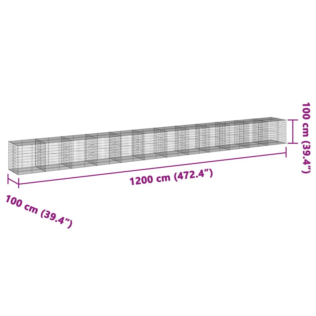 Gabion z pokrywką, 1200 x 100 x 100 cm, ocynkowany kosz z żelaza, kamień do kształtowania krajobrazu i dekoracji zewnętrznej, z hakiem dystansowym dla stabilności, montaż bez użycia narzędzi