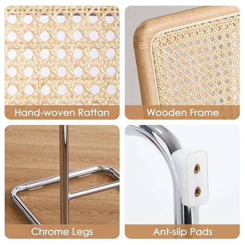 Image of Flouki Counter Stool Rattan Set of 2, Rattan Counter Height Stools with Wood Back, 24 Inch Modern Bar Stools, Mid Century Cantilever Counter Chairs for Kitchen Island, Chrome Legs