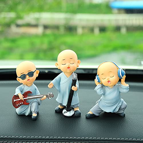 Kingzhuo Estatua de Buda bebé, lindas figuras de monje de Buda, mini figura de Buda feliz, juego de tres estantes, mesa, escritorio, coche, salpicadero, estatuas de monje, decoración del hogar