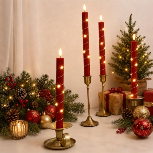 Image of JOIONE Flameless Taper Candles with Remote,6Pcs Flickering LED Xmas Decor | Reddish Brown, Battery Operated Candle Arounded with Starlight String, Christmas Home Decor for Living Room and Dining Table
