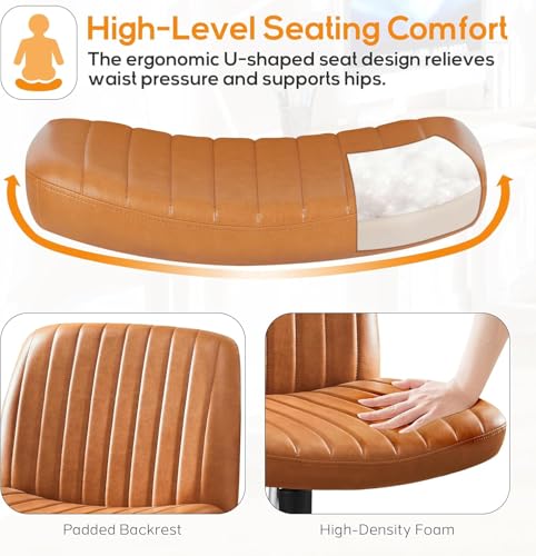 Image of DUMOS Criss Cross Chair No Wheel Legged Office Wide Comfy Desk Vanity Chair, Armless Computer Task Seating PU Leather, Swivel Home Height Adjustable for Bedroom, Study, Brown No Wheel