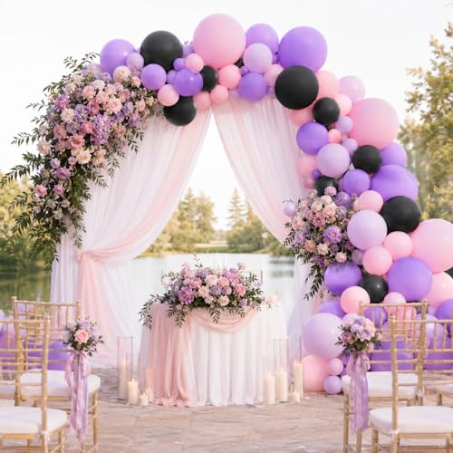 Image of Pink Purple Black Balloons, 60pcs 12 Inch Dusty Pink Purple and Black Party Balloons for Girls Birthday Bride Baby Shower Wedding Bachelorette Spooky Witch Themed Halloween Party Decorations Supplie