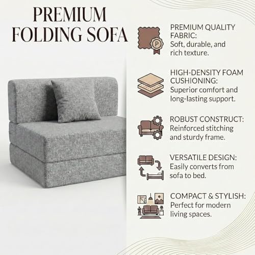 Image of Foldable One Seater Sofa Bed 3 X 6 Ft, Jute Fabric Washable Cover Sofa Cum Bed with Cushions Convertible Sofa Bed for Home, Office & Guest Room (Grey Color - Pre-Assembled)