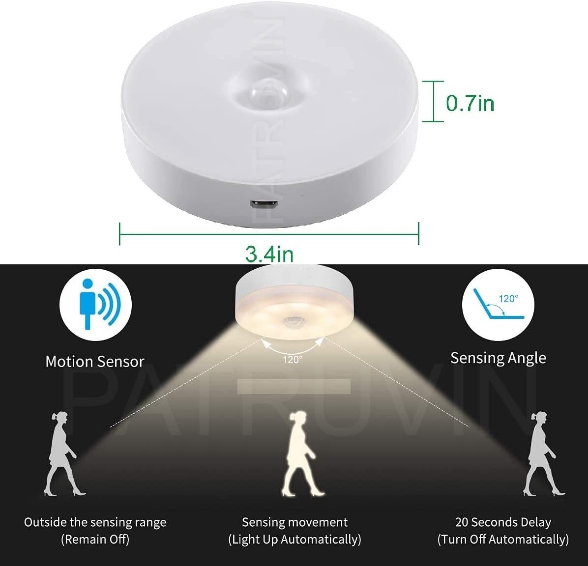 PATRUVIN Motion Sensor Light for Home with USB Charging Pack of 2 Wireless Self Adhesive LED Nightlight Rechargeable Body Sensor Wall Light for Hallway, Wardrobe, Bedroom, Stairs (White/Warm Light) 4