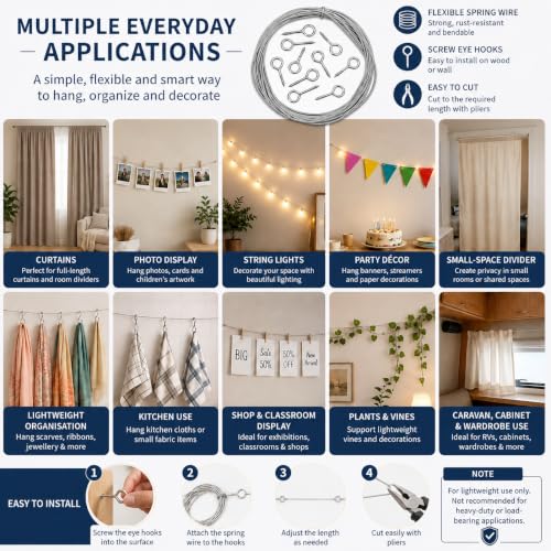 Image of Livshine Spring Curtain Wire 2 Meter with 8 Screw Eye Hooks, Flexible Metal Curtain Hanging Wire Kit for Windows, Cafe Curtains, Photo Display, String Lights and Decor