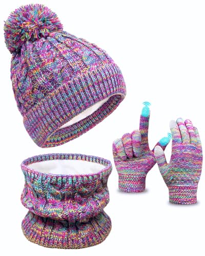 Kids Winter Hat Gloves Scarf Set, Toddler Children Girls Boys Beanie Hat Knitted Mittens & Neck Gaiter Warmer for Kids 3-10