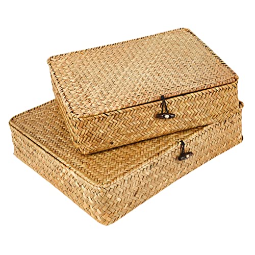 HEALSOPTHY 2 piezas Cestas Organizadoras Apilables de Pasto Marino con Tapa Juego de Unidades Caja de Almacenamiento Tejida para Snacks y Objetos Cesta de Escritorio Natural y Funcional
