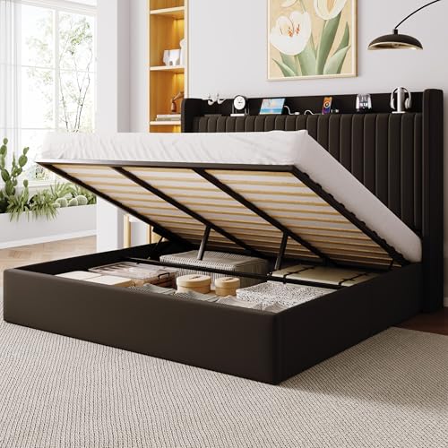 Image of Allewie King Size Lift Up Storage Bed Frame,Storage Shelf Headboard with Charging Station,Type-C and USB Ports,Hydraulic Support,Velvet Upholstered Bed Frame,No Box Spring Needed,Black