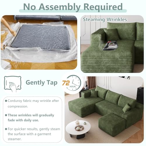 Image of 95 inch Modular Sectional Sofa with Ottoman, Modern Corduroy Cloud Couch with Deep Seat, Boneless Couch Upholstered 3-Seater U-Shaped Sofa for Living Room, No Assembly (Green,Left-Facing Chaise)