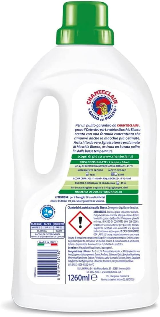 Chanteclair - Detersivo per Lavatrice, Profumo Muschio Bianco, Formula Concentrata, con Vero Sgrassatore - 3 Flaconi da 1260 ml Chanteclair - Detersivo per Lavatrice, Profumo Muschio Bianco, Formula Concentrata, con Vero Sgrassatore - 3 Flaconi da 1260 ml