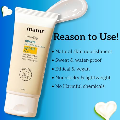 Image of inatur Sports Sunscreen SPF 50 PA+++ | Outdoor Sunblock Lotion for Face & Body | Sweat & Water Resistant | Broad Spectrum UVA UVB Protection | Non-Greasy Matte Finish | All Skin Types | 60ml