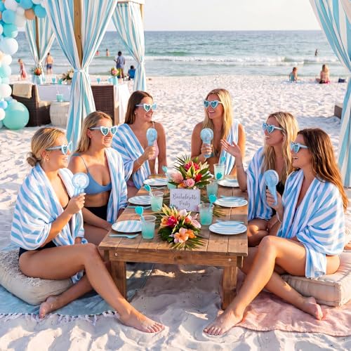 Fanfanwin 18 Pcs Beach Bachelorette Party Bridesmaid Gifts Portable Handheld Fans Heart Sunglasses Stripe Beach Towel Bulk Bridal Shower Bachelorette Party Supplies for Bride Supplies Women by Fanfanwin - Used condition - Image 4