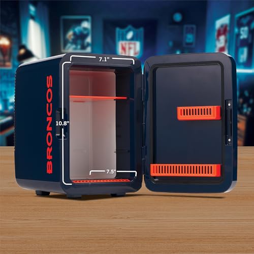 Image of Ukonic NFL Denver Broncos 15-Can Mini Fridge 10L - AC /DC Powered, Official Team Colors & Logo, Portable Cooler for Tailgates, Home, Office, or Car