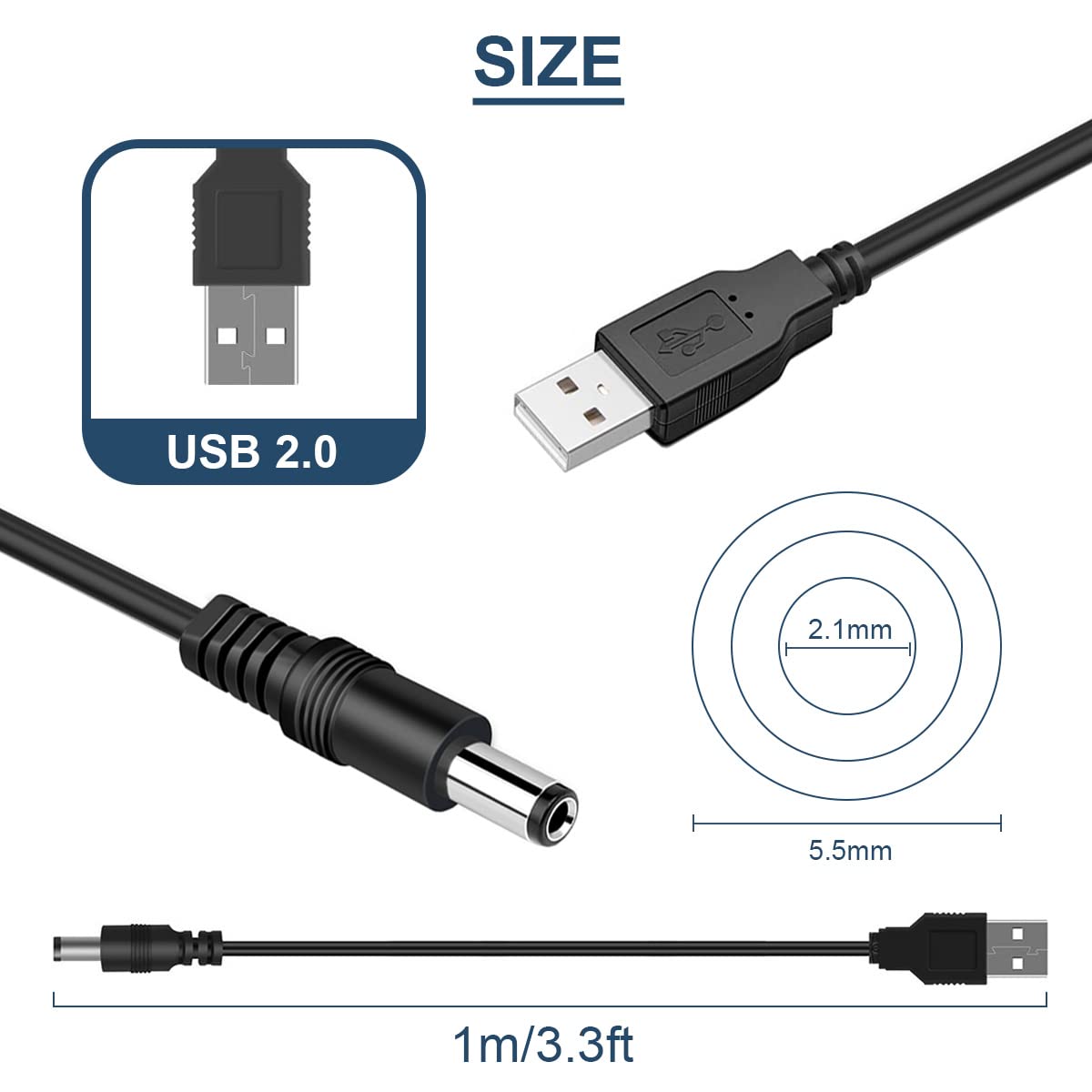 USB Auf 5,5×2,5 Mm Stromkabel 5V – 1/2/3 Meter, Für Router, LED Lampen & Lautsprecher, Inkl. Stecker