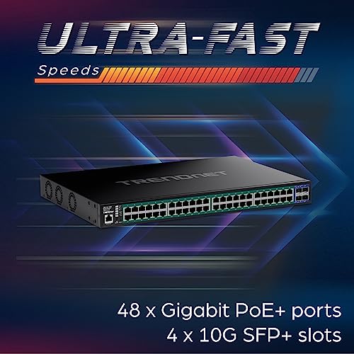 Image of TRENDnet 52-Port Gigabit Web Smart PoE+ Switch with 10G SFP+ Ports, TPE-3524S, 410W PoE Power Budget, Lifetime Protection, Black