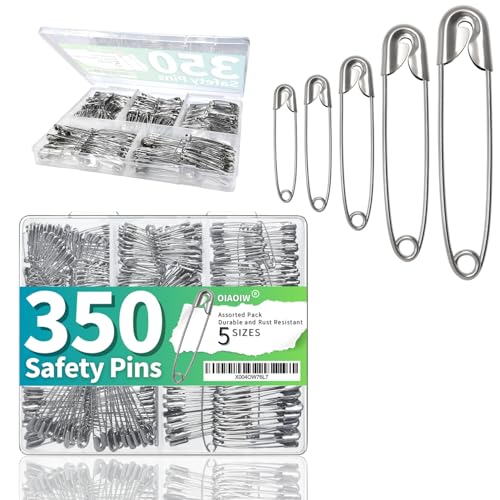 350 Pack Safety Pins for Clothes 5 Assorted Sizes of Strong Heavy Duty Safety Pin Bulk for Clothing