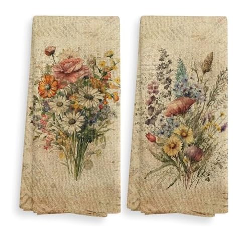 NOQL Vintage Floral Kitchen Towels and Dishcloths Set of 2, Vintage Decorative Kitchen Towels, Bouquet Decorative Towels, Retro Wildflowr Drying Cloth Hand Towels for Bathroom Kitchen, 16×24 Inches Cover