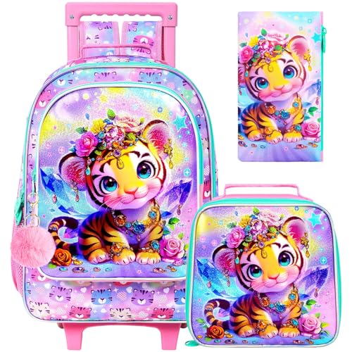 ZLYERT 3 mochilas con ruedas para niñas, mochila con ruedas para niños, unicornio, sirena, dinosaurio, mochila con ruedas para la escuela, Amarillo (tiger yellow), Talla única