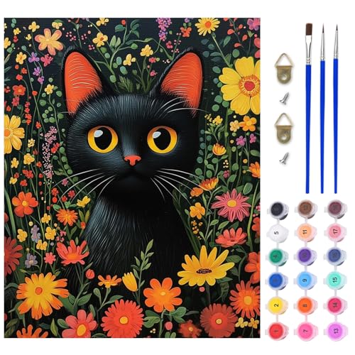 AIRDEA Gato negro Pintar por Numeros Adultos, DIY Pintura por Numeros Adultos, Flores coloridas Paint By Numbers Adult Pintura al óleo de Lienzo con Pinceles Pigmento Acrílico 40x50 cm (Sin Marco)