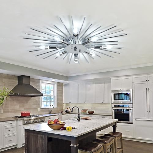 Image of ZGLAOJT Semi Flush Mount 8 Light Ceiling Light Modern Metal Ceiling Lighting Chrome Light Fixture Chandelier for Farmhouse Kitchen Dining Room Bedroom Hallway Living Room