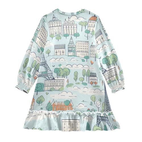 Cartoon Eiffel Tower Girls Long Sleeves Dress, Winter Dresses Nightgowns Casual Swing Dress2