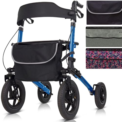 Vive All-Terrain Rollator Walker with 12” Pneumatic Wheels - Padded Seat & Backrest, Lightweight Outdoor Rolling Walker with Big Wheels - Foldable with Height Adjustments