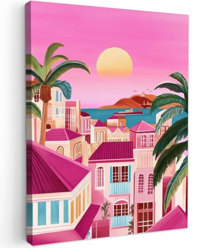 MuchoWow© Impression sur Toile Photo Peinture 60x80 cm Tableau Decoration Murale Chambre Salon Maison Deco Cuisine Ville - Rose - Palmiers