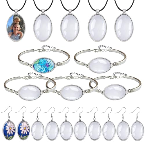J6QIHANG Pendant Trays Set for DIY Jewelry Making Crafts, Oval Glass Cabochon Pendant Bezel Trays, Bracelet Blank Trays and Earrings Blanks Charms for Gift