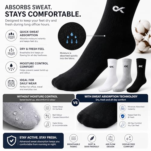 Image of XJARVIS Texas Men's Solid Calf Crew Combed Full Length Cotton Formal Socks, Odour Free & Breathable, Free Size - Ideal for Home, Office Wear (WHITE /GREY /BLACK)