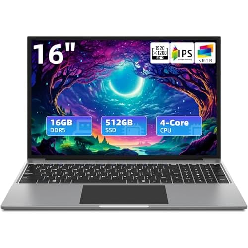 jumper Laptop 16 Inch, 16GB RAM 512GB SSD, FHD 1920×1200 Display(16:10), Laptop Computer with Quad Core N CPU, 38WH Battery, Cooling System, Numeric Keyboard, 4 Speakers, Business Student Laptops.