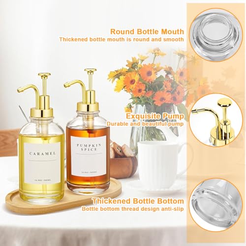 Lot de 2 Distributeurs Sirop Café, avec Pompes Dorée, Palette, Entonnoir, 36 Étiquettes, 500ml Bouteilles Sirop Verre, Distributeur Liquide, Bouteille Huile Vinaigre, Accessoires Café pour Bar – Image 4