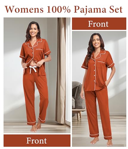 Image of CF Womens 100% Cotton Pajamas Set Button Down Pjs Sets Short Sleeve Top & Long Pants Sleepwear Comfy Loungewear with Pockets