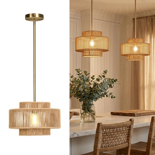 MAGAGUVU Boho Rattan Pendant Light, 12.6" Hand-Woven Wicker 1-Light Chandelier with Gold Metal Finish, Adjustable Hanging Ceiling Lamp for Kitchen Island, Dining Room, Bedroom, Coastal Farmhouse