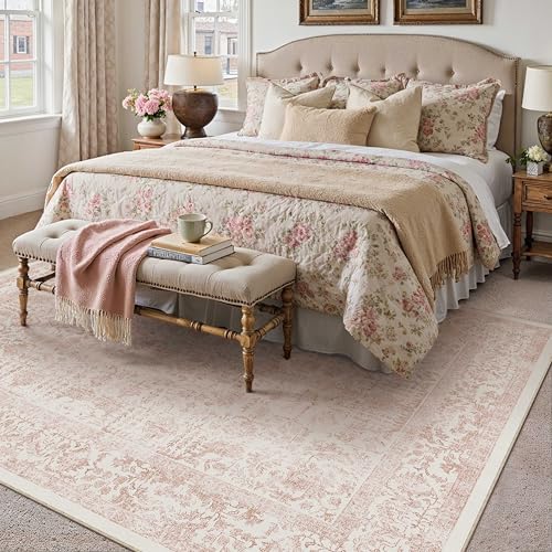 Pink Area Rug 8x10 Machine Washable Large Vintage Living Room Distressed Non Slip Carpet Traditional Indoor Bedroom Retro Floral Accent Throw Rug for Office Kitchen Dining Room
