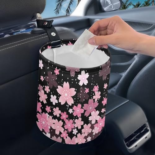 Image of Cherry Blossom Car Garbage Can Small Trash Can with Leak Proof Inside Liner And Hanging Strap Car Organizer Portable Car Essentials for Road Trip