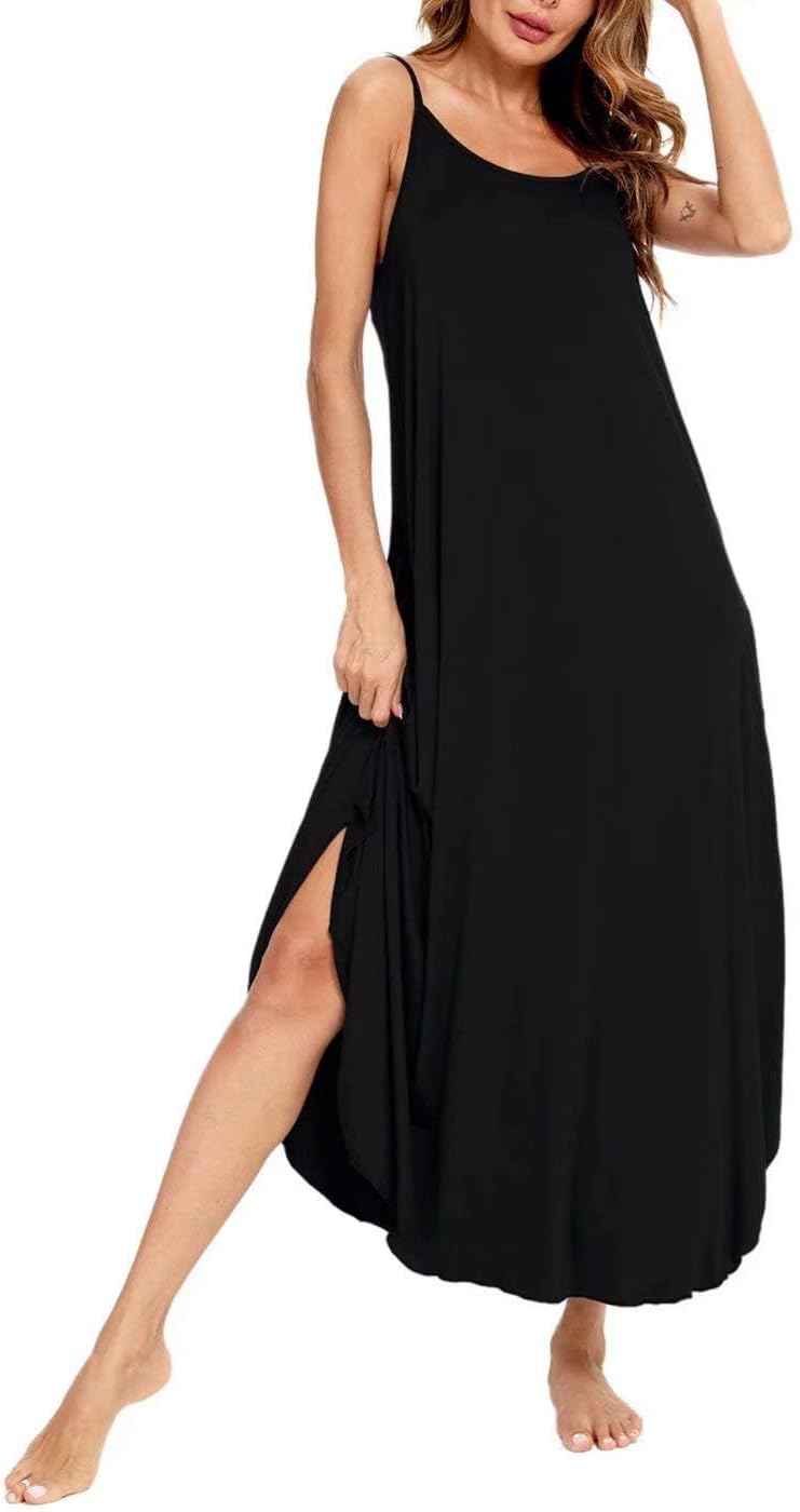 SWOMOG Women Long Nightgown Pajama Dress Soft Strap Nightdress Summer Sleeveless Nightshirt Lounge Dress with Pockets - Image 2