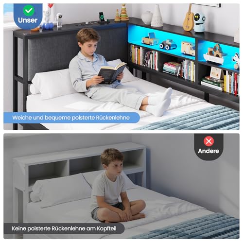 Brinlawb Schlafsofa mit LED-Beleuchtung und Ladestation, Jugendbett 90x190 cm mit einem 35x112cm Tisch und zwei großen Schubladen, Bett 90x190 Tagesbett mit polsterter Rückenlehne am Kopfteil, Schwarz
