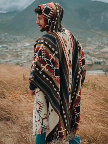 Image of Alpaca Mens Poncho with Hood - Cowboy Serape Western Poncho - Clint Eastwood Poncho for Men - Ecuadorian Cloak with Hood Men