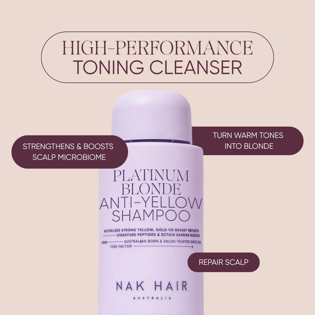 NAK Signature Platinum Blonde Anti-Yellow Shampoo 350ml - Neutralizes Brassiness, Tones & Adds Silver Brilliance for Blonde & Grey Hair with Peptide Complex