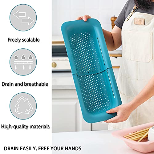 Image of Sink Colanders and Strainers Basket Retractable Plastic Fruit Vegetable Strainer Drainer Basket for Kitchen (Length 14.3 inch-19.4 inch) (Green)