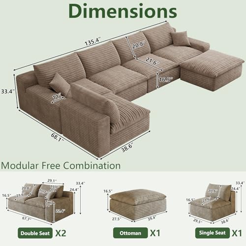 Image of 136 inch Cloud Couch Modular Sectional Sofa for Living Room, U-Shape Boneless Couch with Deep Seat, Modern Corduroy 5-Seater with Ottoman, No Assembly Required, Camel