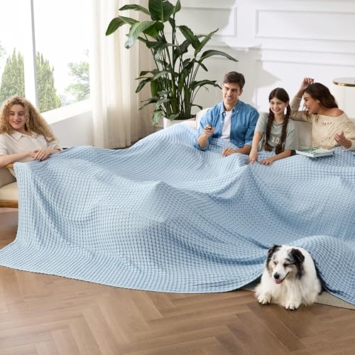 Image of Bedsure Cooling Cotton Waffle Oversized King Blanket - Lightweight Breathable Rayon Derived from Bamboo for Hot Sleepers, Luxury Throws for Bed and Sofa, Light Blue, 120x96 Inches