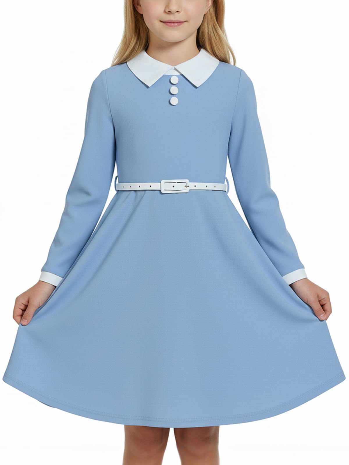 JiAmy Dziewczęce sukienki z długim rękawem, kołnierz vintage, elegancka sukienka imprezowa z paskiem, zamek błyskawiczny z tyłu, linia A, wysoka talia, jesienna odzież dla dziewczynek w wieku 4-12 lat