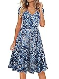 oxiuly Women's Vintage V-Neck Cap Sleeve Floral Casual Cocktail Party Swing Dress OX233 (M, Blue White)