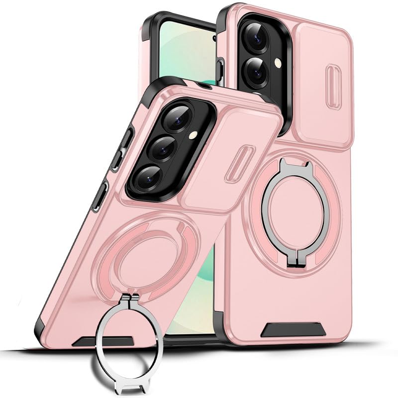 Image of LuxuryKase Shockproof Rugged Case for Samsung Galaxy S26 | Slide Camera Cover | 360 Rotating Ring Kickstand | Military-Grade Protection - Rose Pink