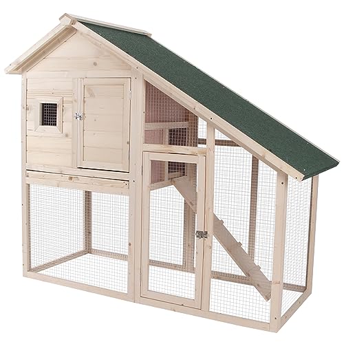 PawHut 55' L 2-Tier Wooden Rabbit Hutch Bunny Cage Small Animal House with Ramp, Waterproof Roof, Removable Tray and Outdoor Run